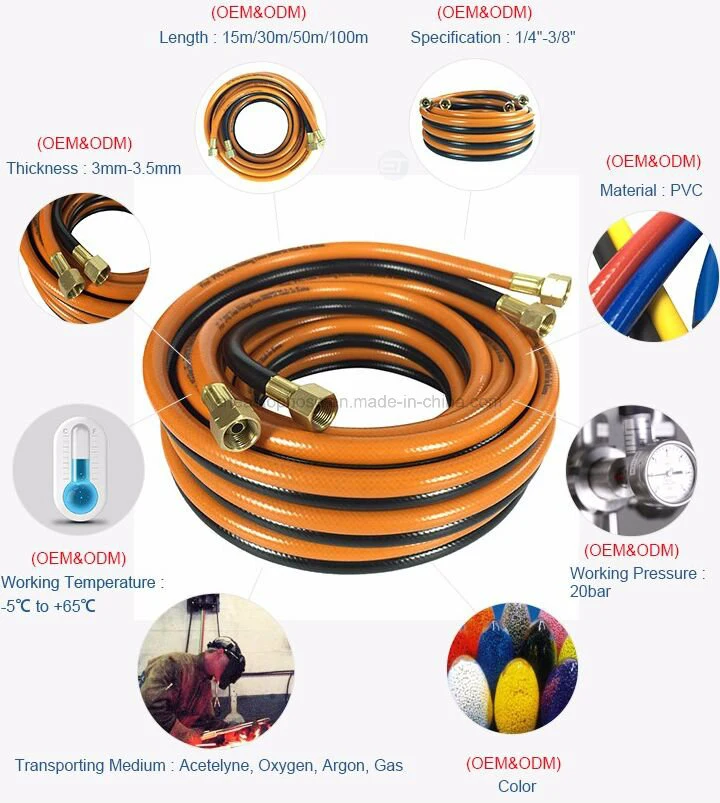 Factory Direct High Pressure 6.5mm PVC Twin Welding Hose Flexible Oxygen Acetylene Air Hose with Fittings