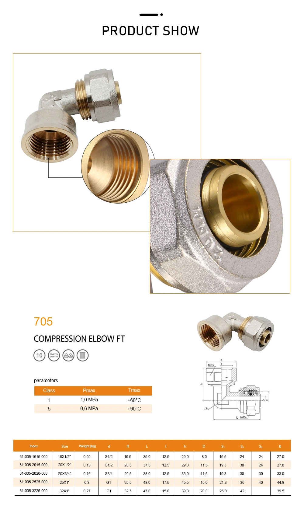 Female 16mm-20mm Brass Comprssion Fittings Elbow Brass Pex Pipe Fittings