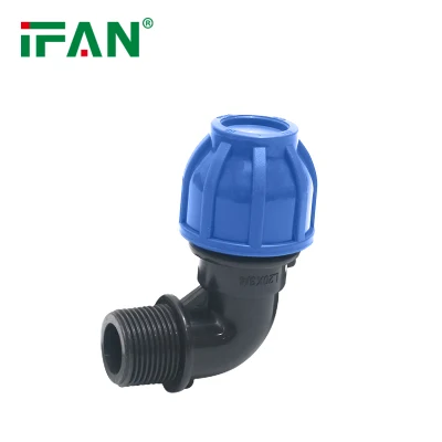  Мфпс ISO CE коленчатые фитинги сжатие PP PE сжатие HDPE пластмассовых листов наружной резьбой 90 градусов колено для ирригационной системы