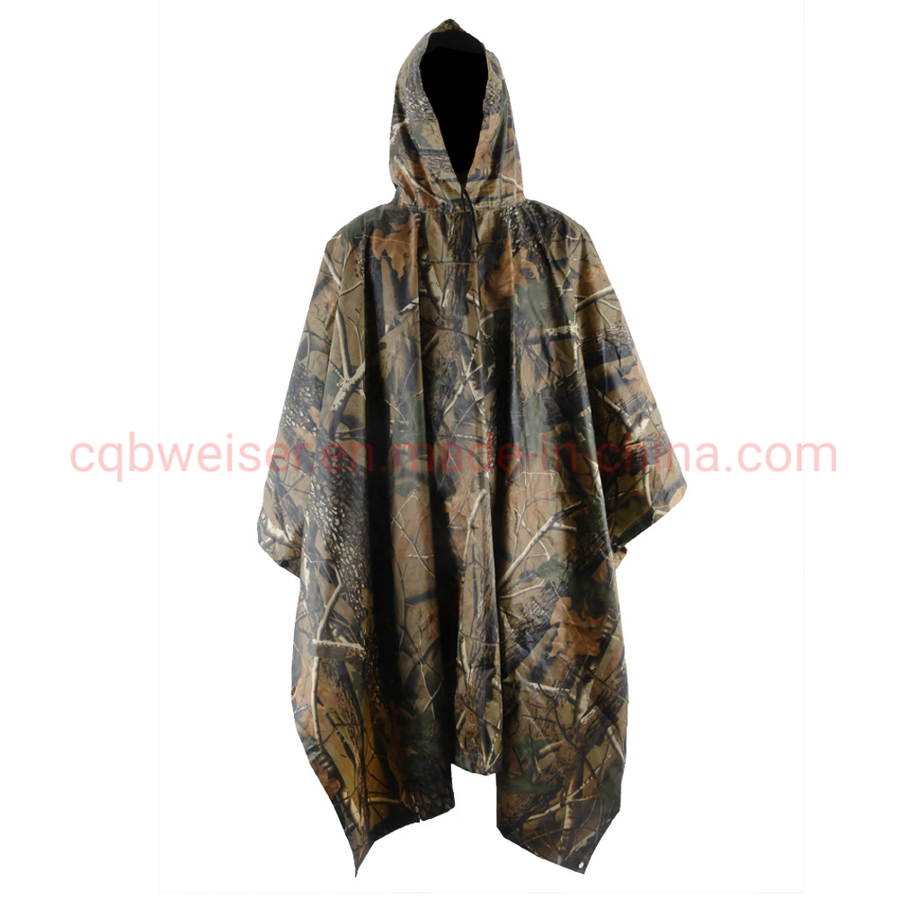 Customized Camouflage Waterproof Polyester Rain Poncho for Camping Hiking