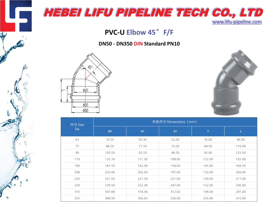 High Quality Plastic 45 Deg. Pipe Fittings PVC Pipe 90 Degree Elbow and Fittings UPVC Pressure Pipe Fitting for Water Supply Rubber Ring Joint 1.0MPa