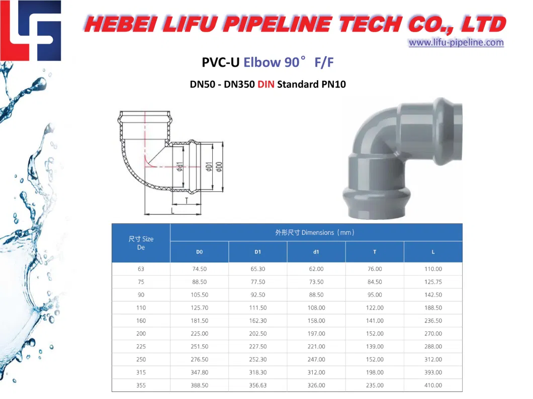 High Quality Plastic 45 Deg. Pipe Fittings PVC Pipe 90 Degree Elbow and Fittings UPVC Pressure Pipe Fitting for Water Supply Rubber Ring Joint 1.0MPa