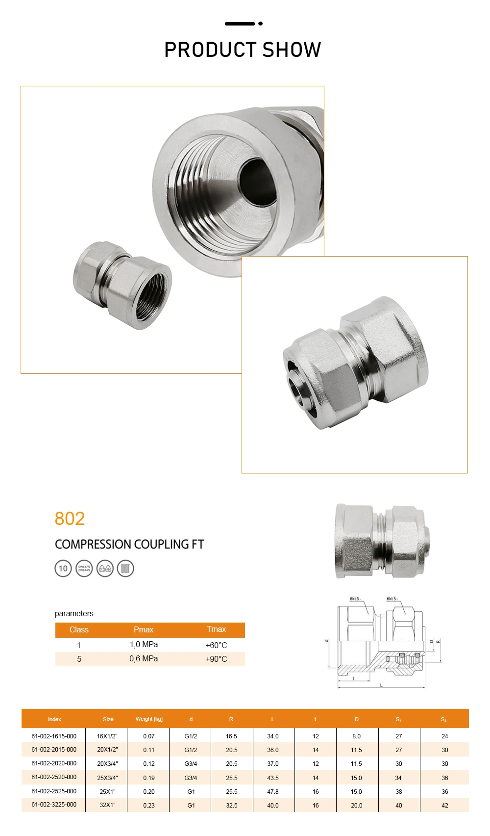 Pex Female Coupling Socket Compression Instrumental Brass Pipe Fitting Straight Coupling Adapter