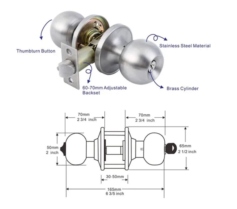 Stainless Steel Entrance Cylindrical Lock Door Knob Locks with Keys Press Button