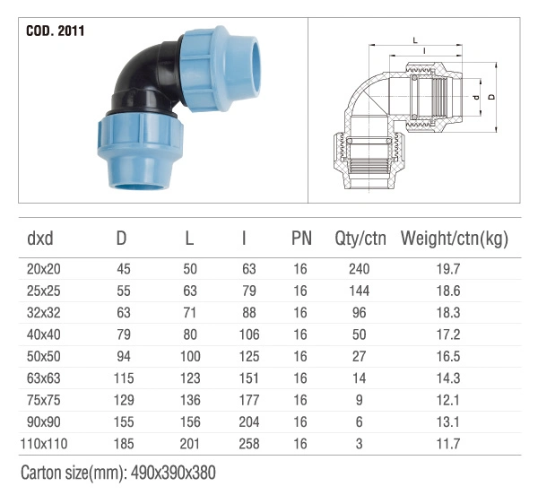 90 Degree Elbow PP Compression Fittings