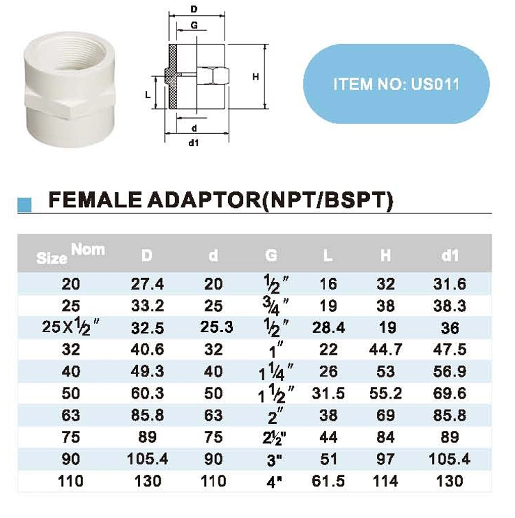 Era UPVC DIN Pn10 Pressure Pipe Fittings Female Adaptor with Dvgw Certificate