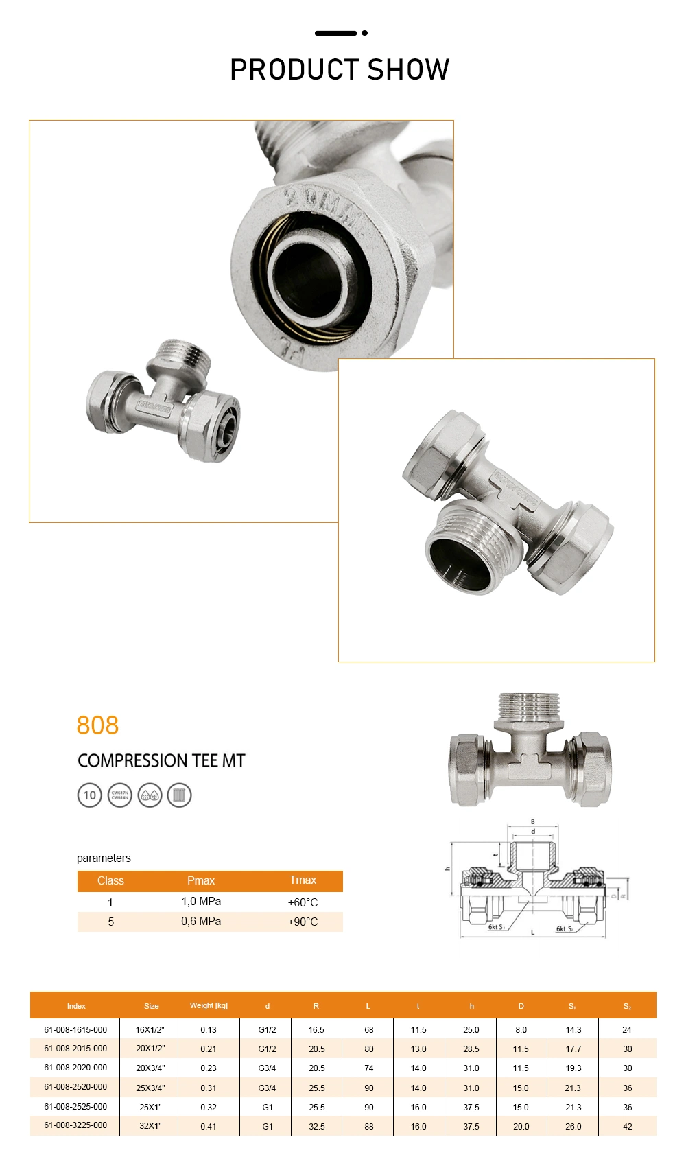 Threaded Copper 3/4 Pipe Fittings Brass Pipe Fittings Brass Compression Fitting for Plumbing
