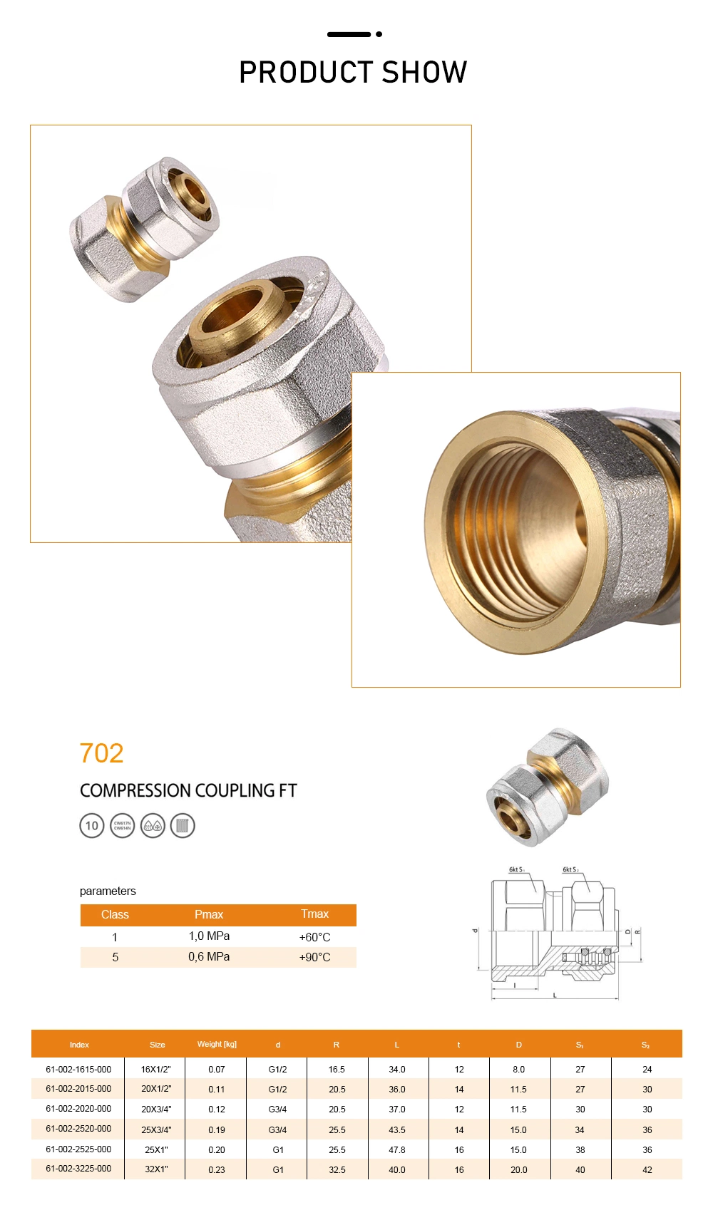 Brass Compression Female Socket Pex Durable High Standard Brass Compression Union