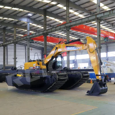 Amphibious Floating Excavator for Swam Buggy Crawler Amphibious Undercarriage Pontoons Float Tank Backhoe Marsh Wetland Dredging Equipment Long Reach Boom 20t