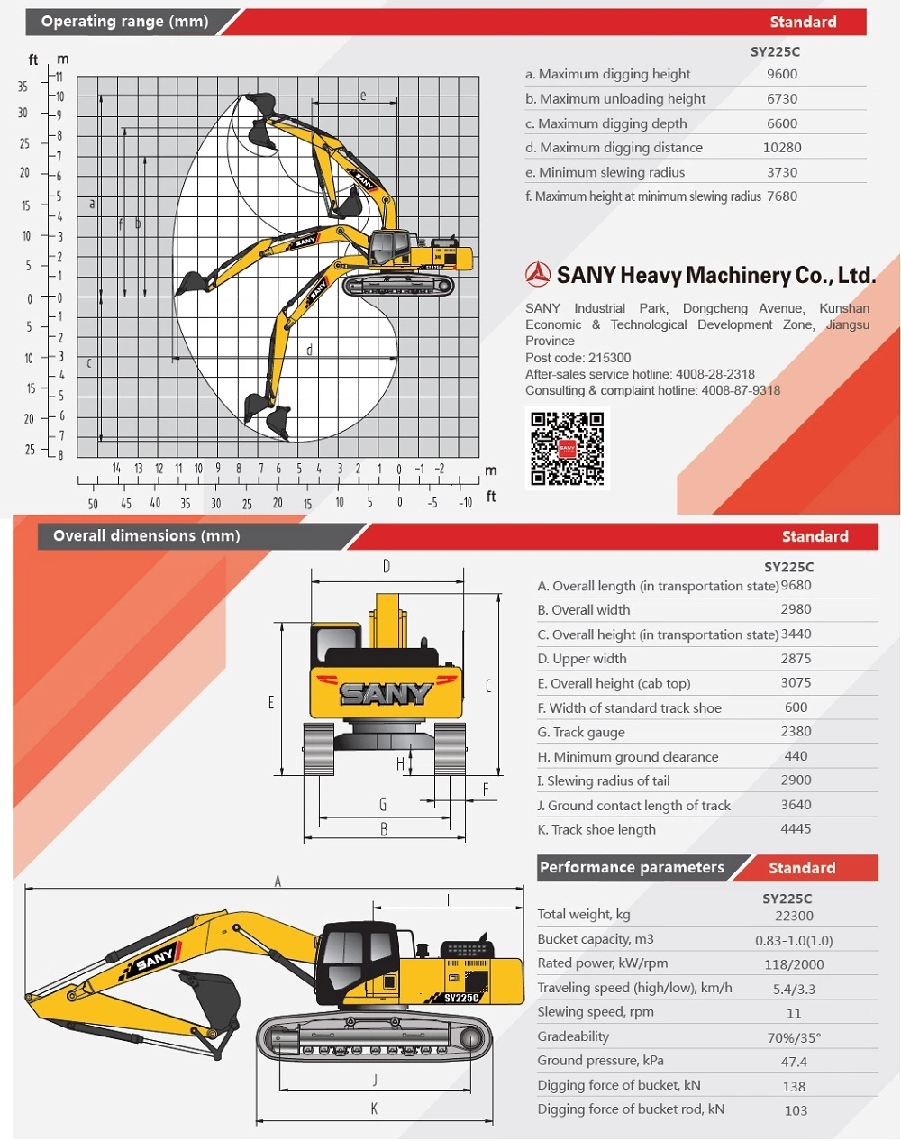 Use Sany Sy225c 20ton Excavator High Reach Demolition Excavators Price