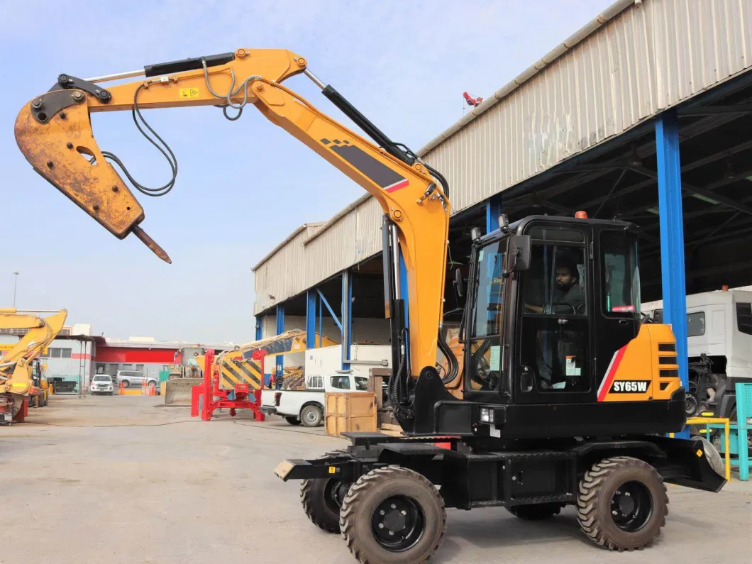 6.5 Ton Mini Wheel Excavator Sy65W 0.3m3 Bucket Wheel Fuel Consumption Excavator