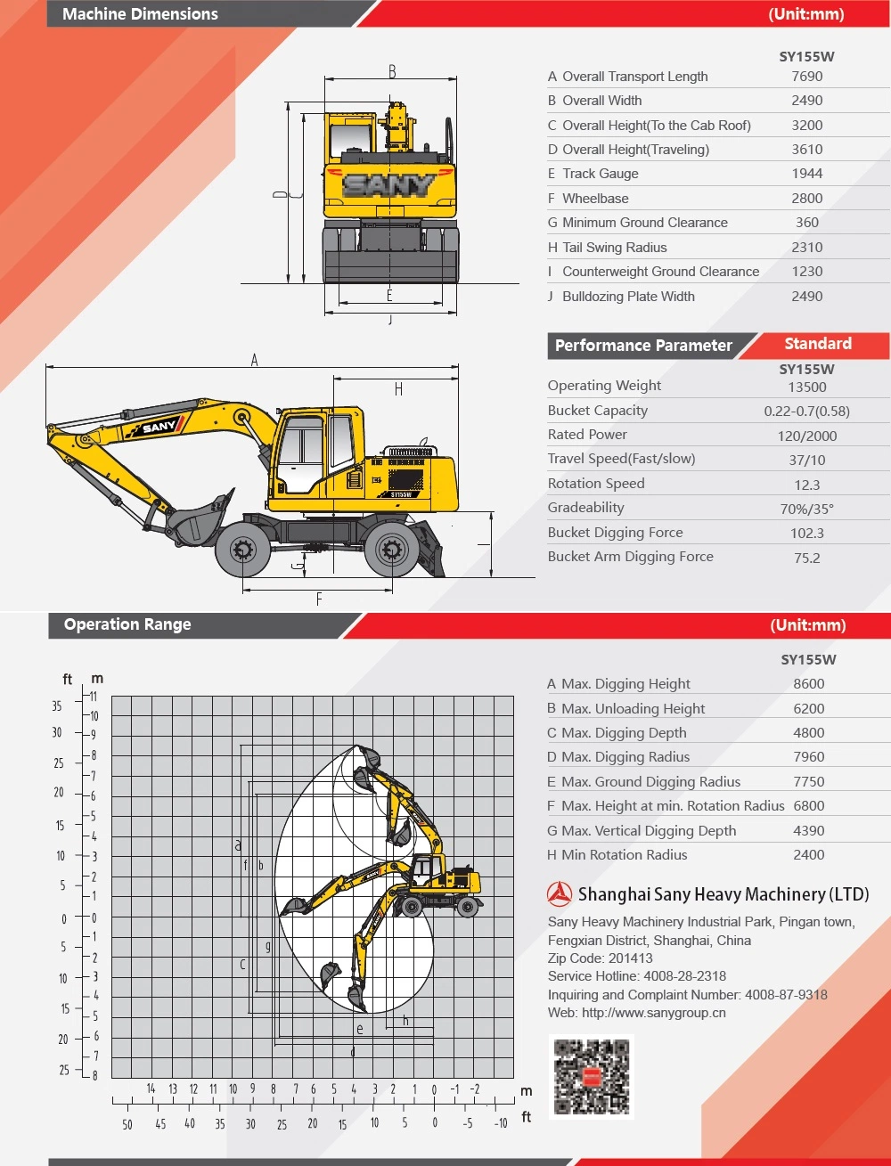 Sany Sy155W 15ton New Small Excavator of Good Price Excavator Loader