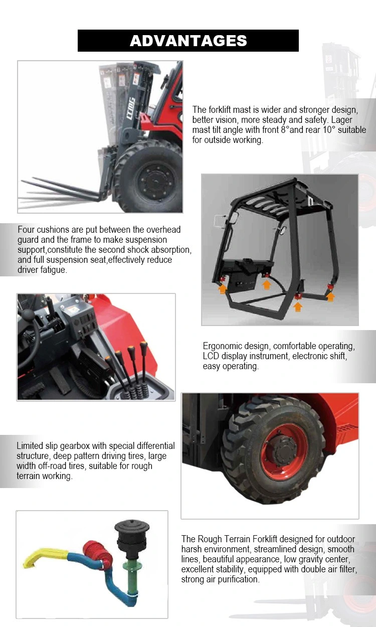 2024 New Rough Terrain Forklift 3ton 4ton 5ton with Hydraulic Attachment Gripping Clip