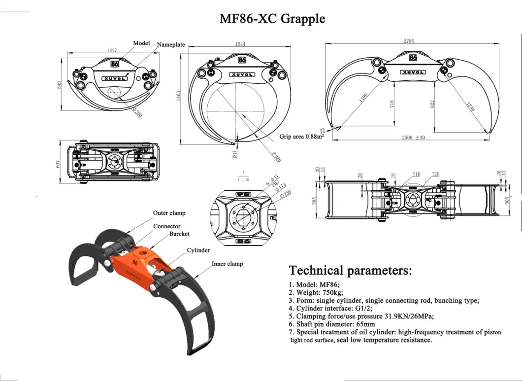 Xuvol Popular Grab Stone Quarry Hydraulic Rotator Log Grapple Loader Excavator