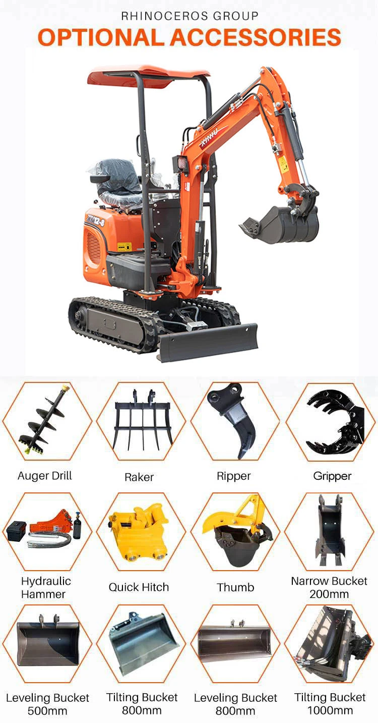 Rhinoceros Xn12-8 1.2ton Bagger Price Small Digger Cheap Mini Excavator Hydraulic Crawler Excavators with Three Cylinders Water Cooling Engine Micro Pelle