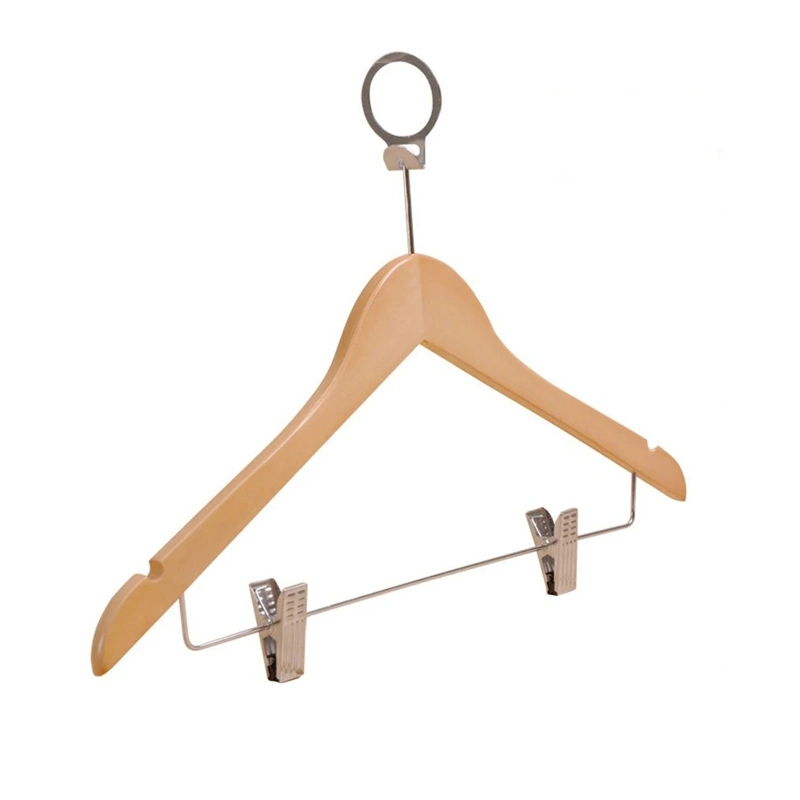 Wooden Anti-Thief Hotel Hanger with Chrome Plated Clips and Ring