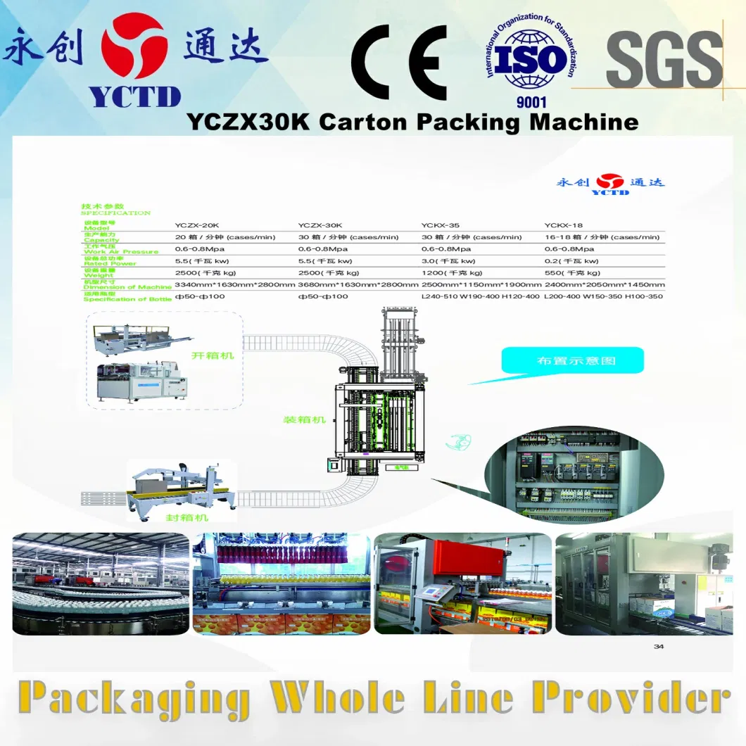 YCZX-20K case packaging machine for beverage drinking, water, neck grasping carton filler
