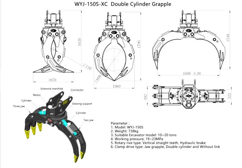 20tons Excavator Double Cylinder Grapples Five-Jaws Grapples Timber Steel Tone Grabs