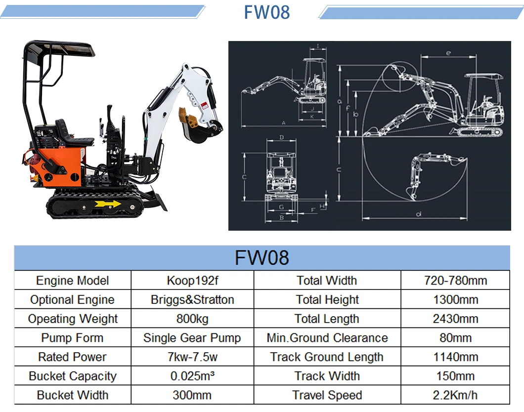 1 Ton Mini Excavator Digger Gas/Diesel Powered Rubber Tracks with Comfortable Seat