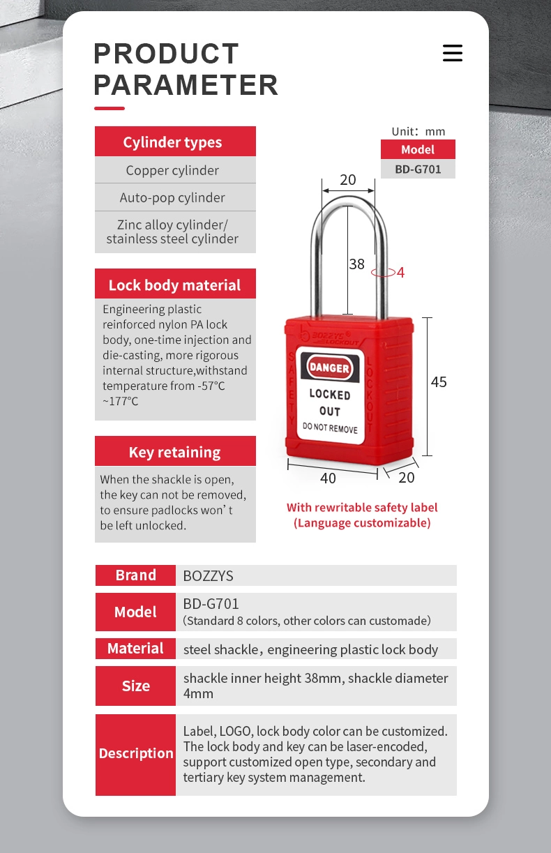 Bozzys Thin 4 mm Stainless Steel Shackle Safety Padlock for Loto