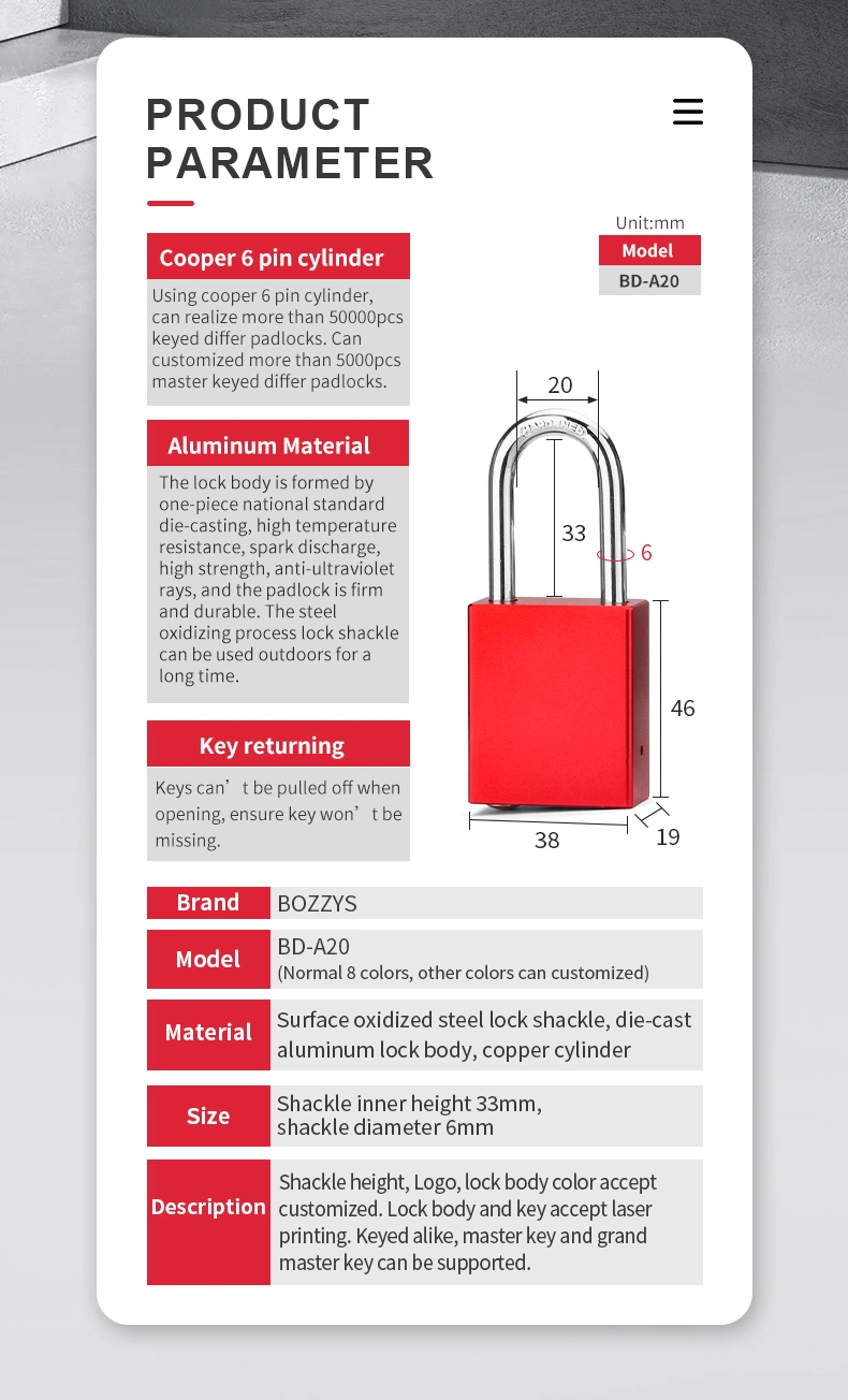 Safety Aluminum Lockout Padlocks with Automatic Pop-up Hardened Steel Shackle