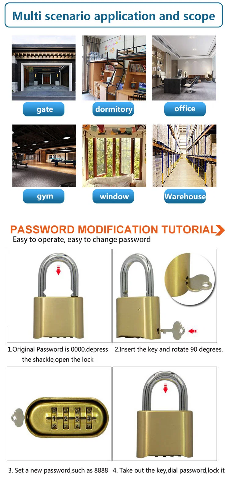 RP-025 Brass 4 Digit Combination Keyed Alike Padlock with Extra Long Shackle