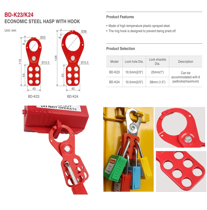 Bozzys Nylon Red Handle Steel Material Safety Lockout Hasp with 8mm Hook