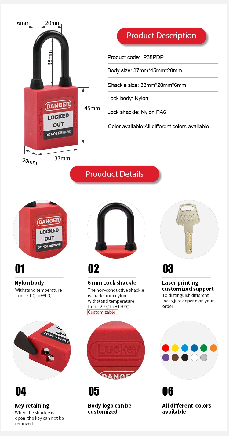 Colourful Nylon Insulation Dustproof and Waterproof Safety Loto Padlock 38mm