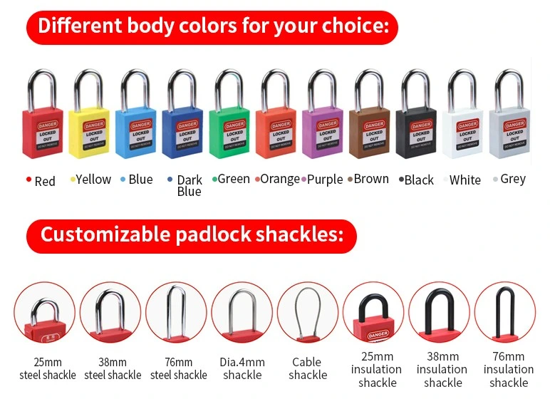 Keyed Differ/Alike Colorful 38mm Shackle Diameter 4mm Nylon/Metal Shackle Safety Lockout Padlock