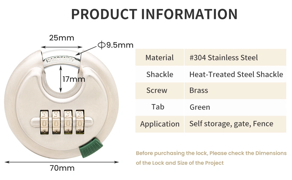 Stainless Steel Combination Disc Padlock for Self Storage Truck Trailer Garden Fence Chain