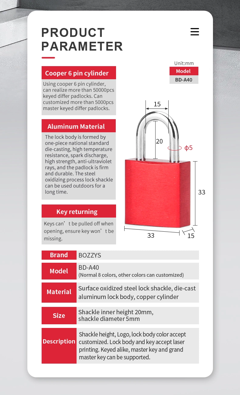 Small Compact Aluminium Padlock with 5*20mm Steel Shackle for Insulation Lockout/Tagout