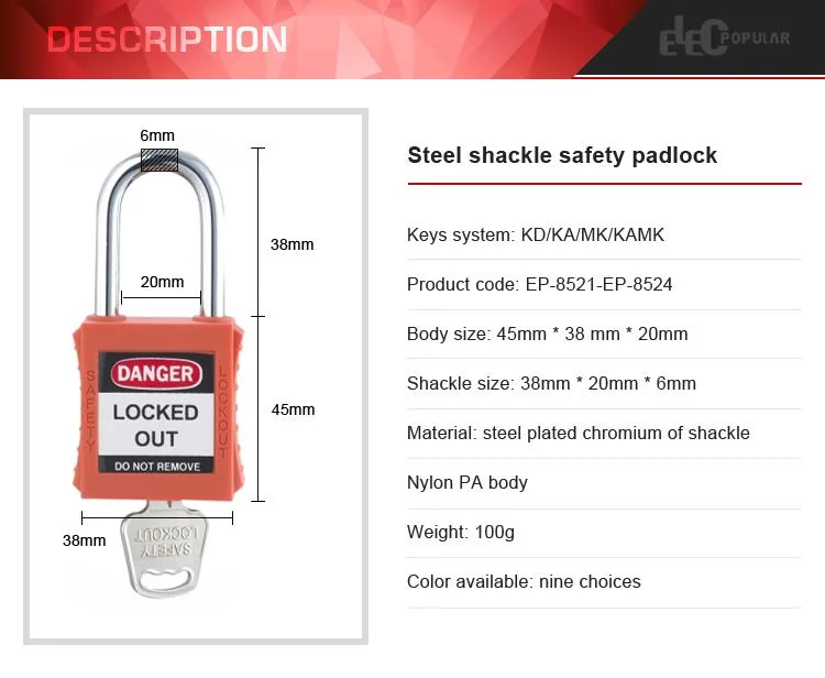 High Quality Durable Steel Shackle Industrial Nylon Safety Padlock with Key