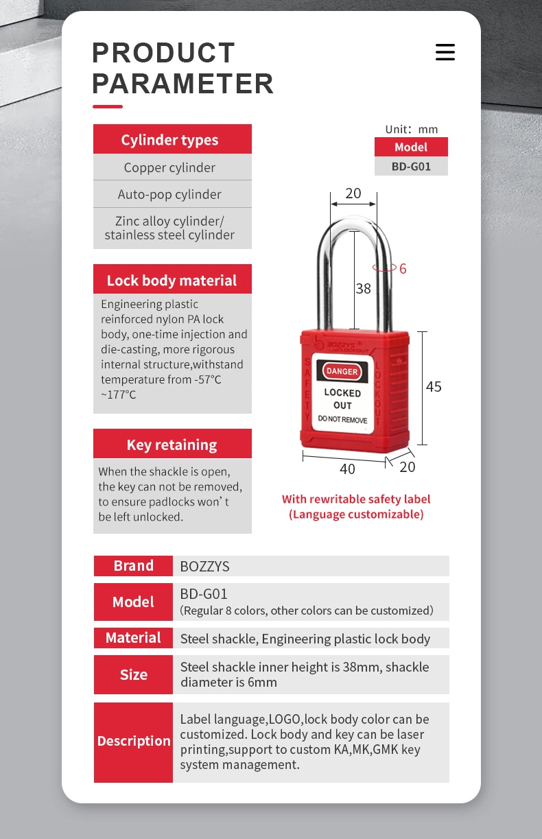 Bozzys Manufacturer Lockout Safety Padlock for Industrial Equipment Prevent Misuse