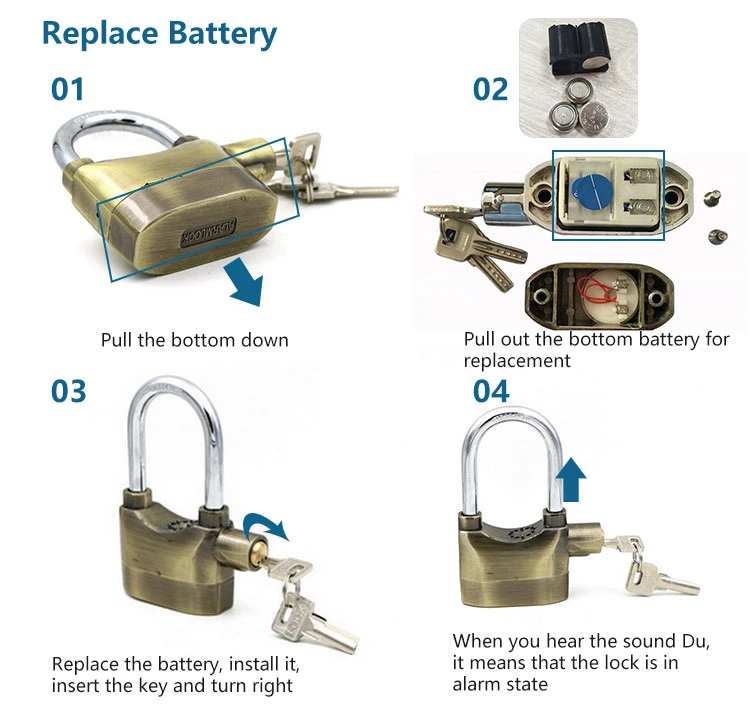 Heavy Duty Anti-Theft 110 dB Aluminum Alloy Keyed Alike Long Shackle Siren Alarm Padlock