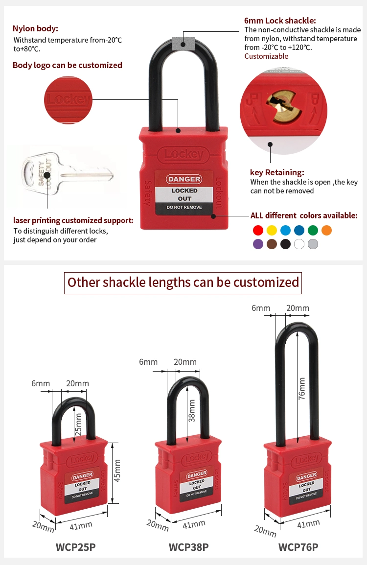 Factory OEM 38mm Nylon Plastic Insulation Shackle Industrial Lockout Safety Padlock (WCP38P)