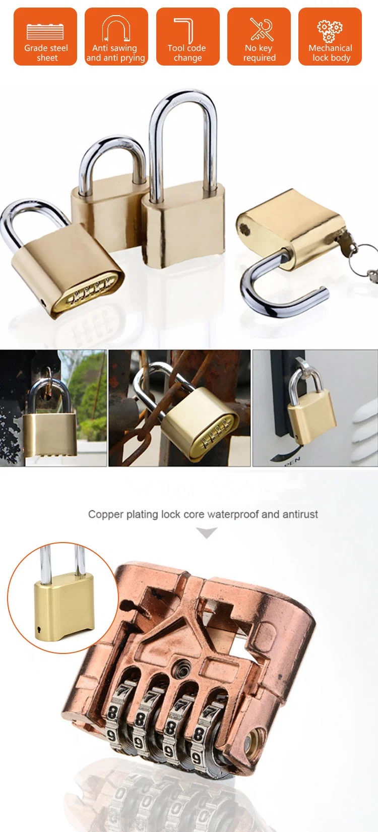 RP-025 Brass 4 Digit Combination Keyed Alike Padlock with Extra Long Shackle