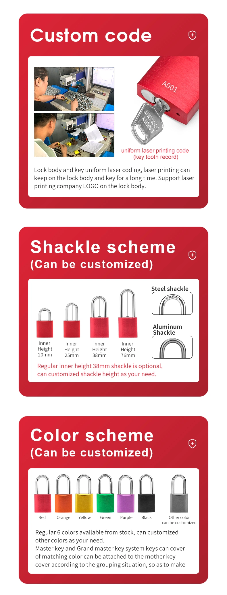 Keyed Alike Aluminium Padlock with 6*38mm Insulated Nylon Shackle for Industrial Lockout-Tagout