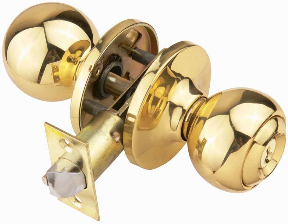 Tubular One-Piece Knob Lockset Door Lock Key Entry Polished Brass