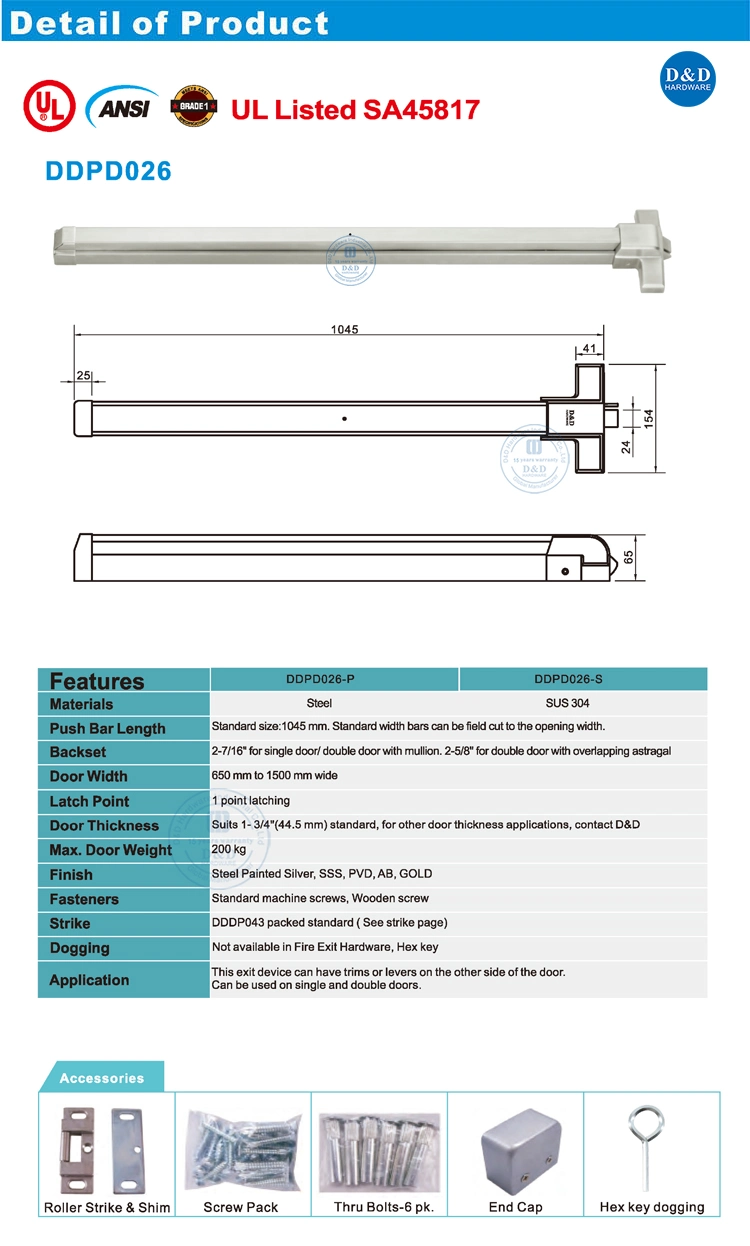 Stainless Steel Single Point Locking Panic Exit Device and UL Listed