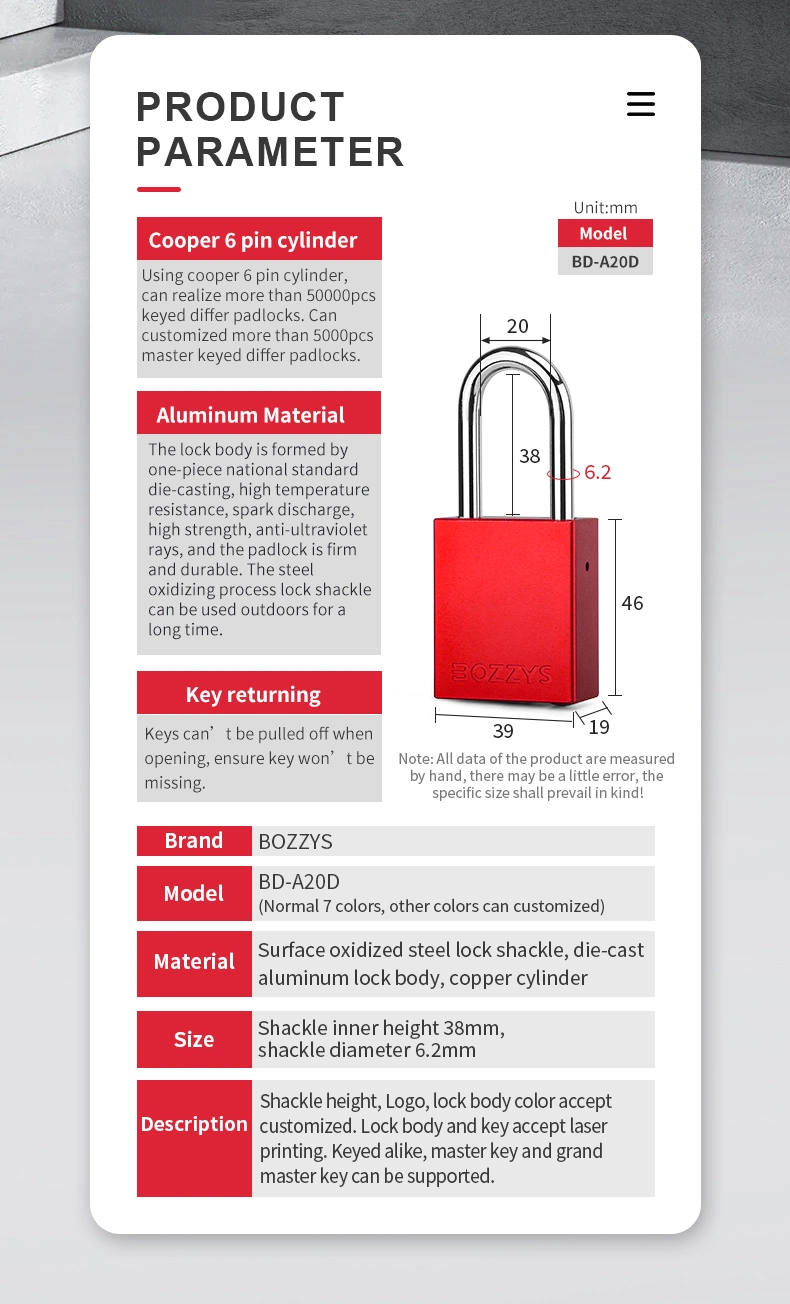 Compact Anodized Keyed Alike Aluminium Padlock with 6.2*38mm Nylon Shackle and Key Retaining Function