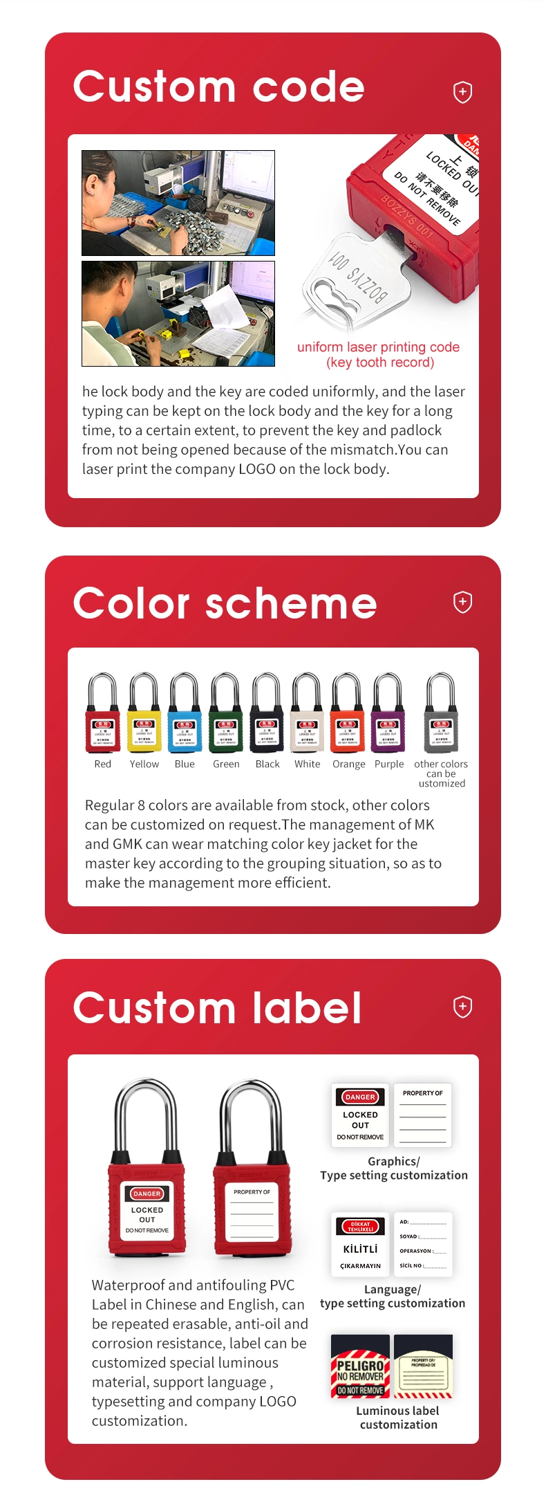 Custom Laser Coding and Label Safety Dust-Proof Padlock with 6*38mm Hardened Steel Shackle