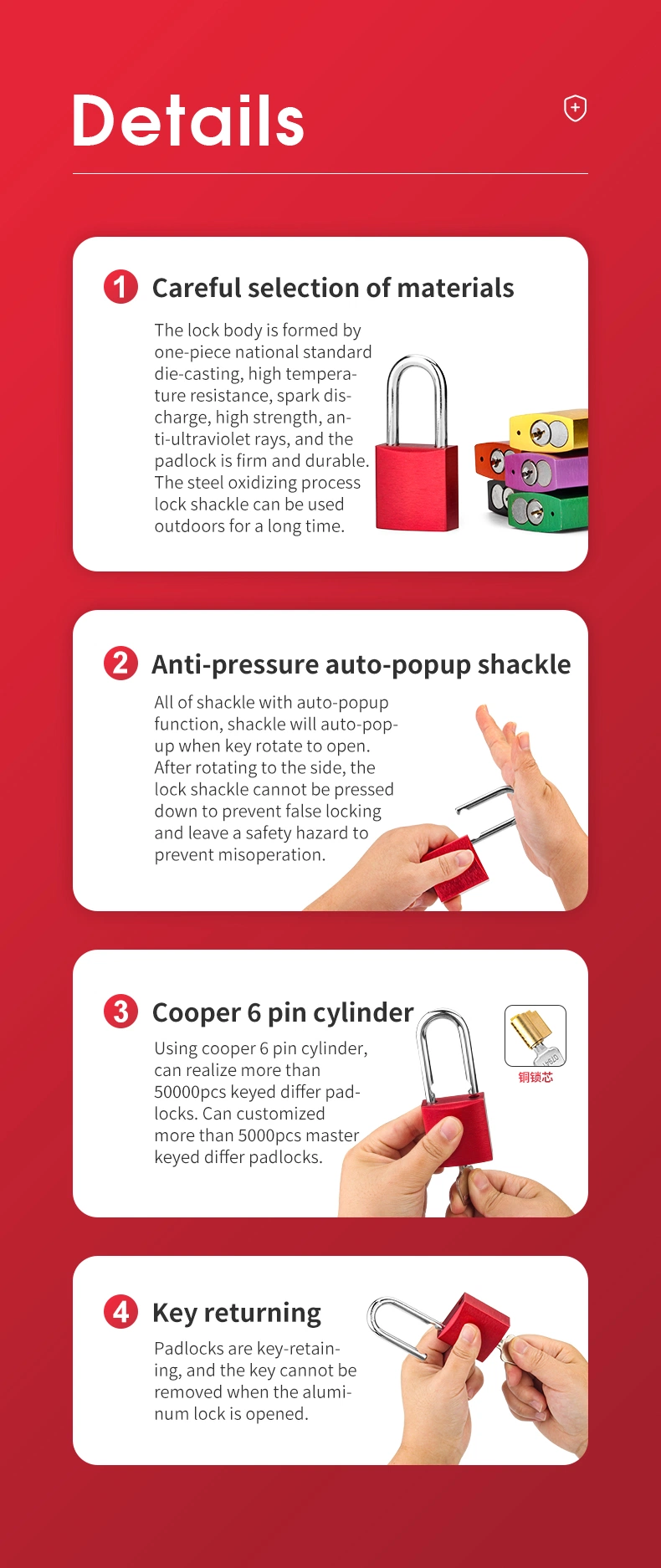 Keyed Alike Aluminium Padlock with 6*38mm Insulated Nylon Shackle for Industrial Lockout-Tagout