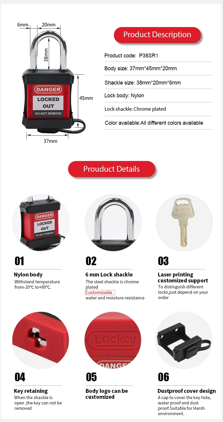 Dust-Proof Water-Proof Silica Cover Nylon Shackle Safety Lockout Padlock (P38PR1)