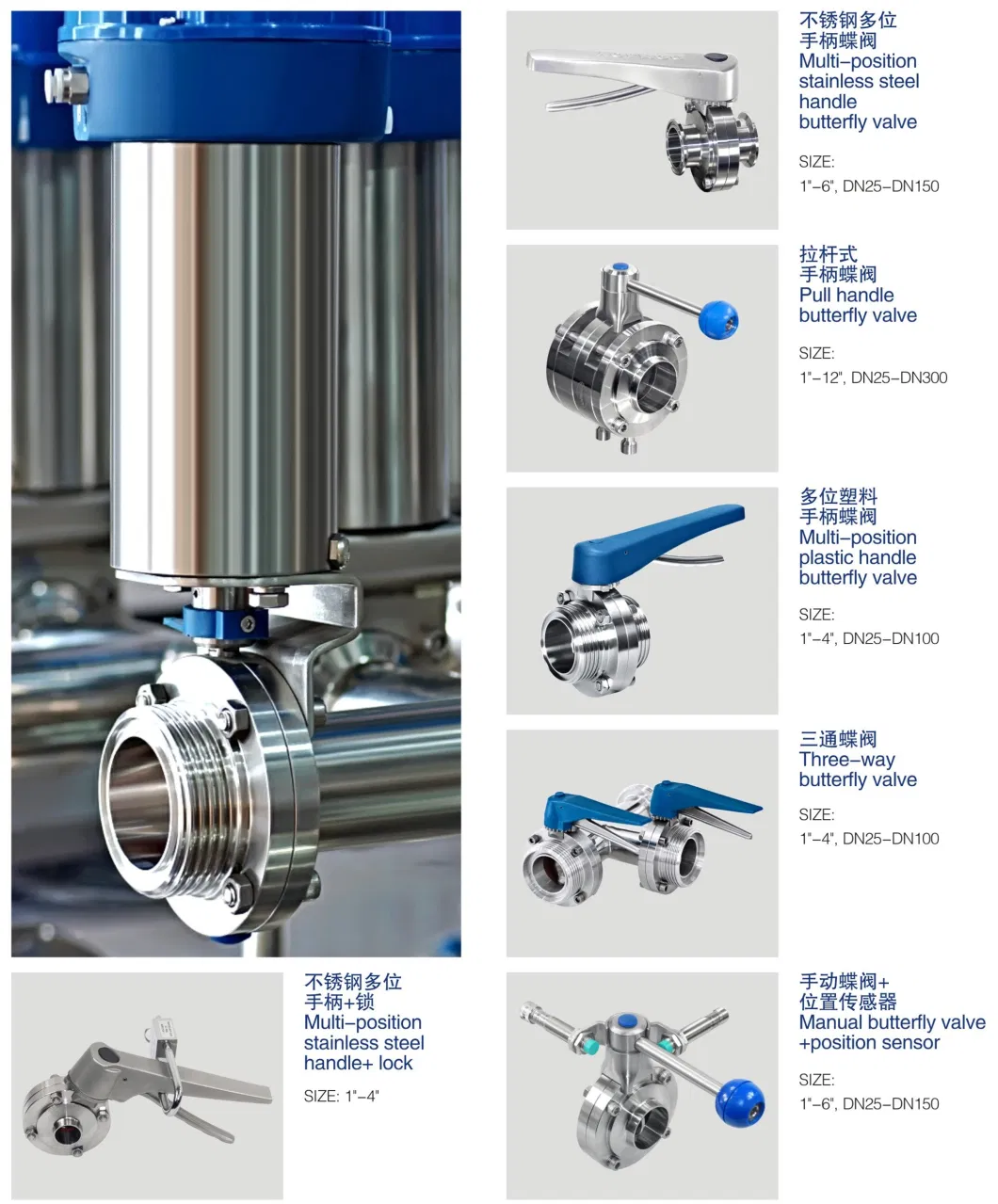 Stainless Steel Clamp Butterfly Manual Valve with Multi Position Handle