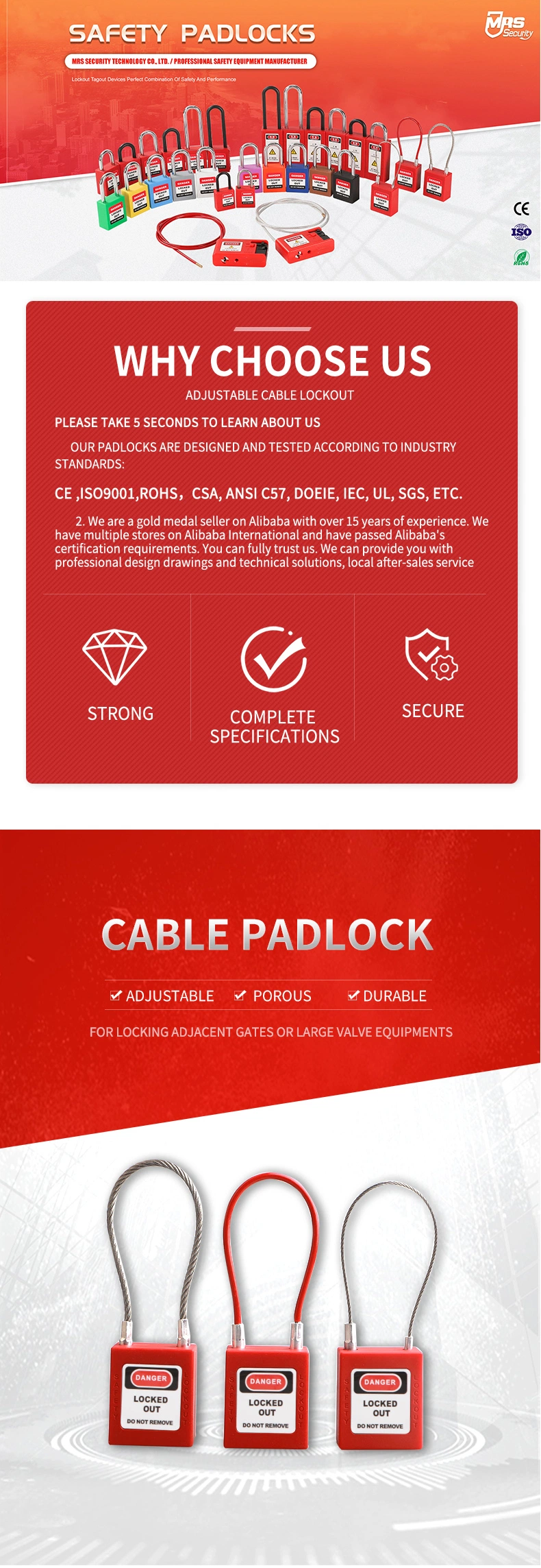 Industry Stainless Steel Cable Safety Padlock Security Lockout Tagout Safe Lock