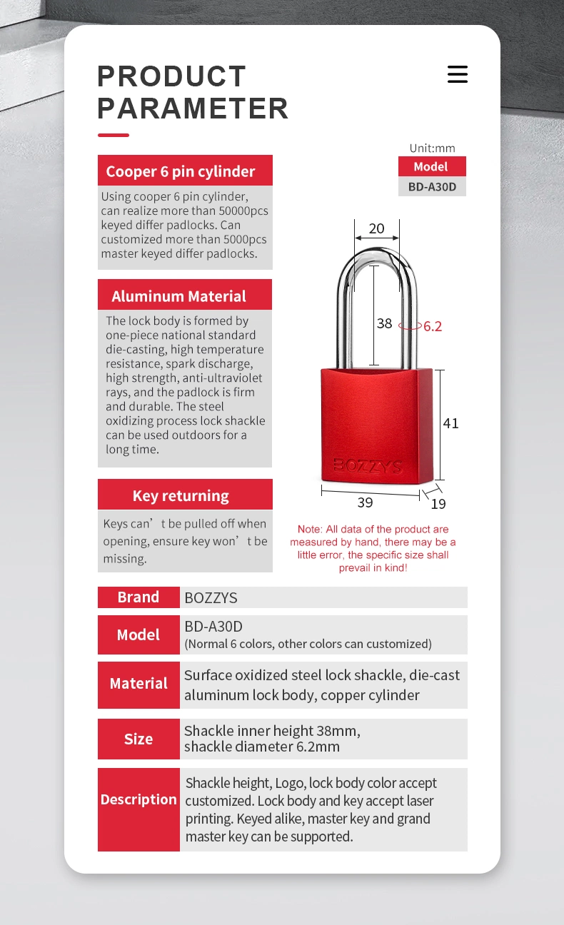 OEM Manufacturer Compact Anodized Aluminium Safety Padlock with 6.2*38mm Steel Shackle