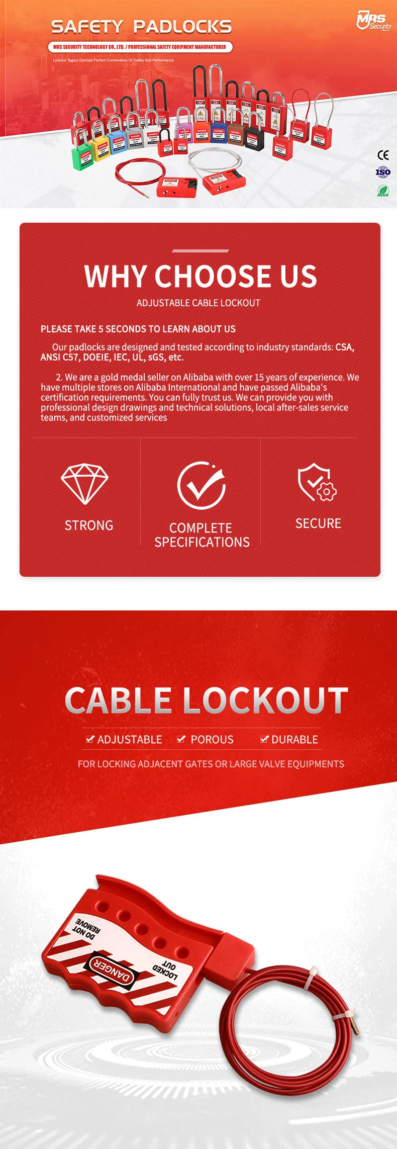 Red Durable Adjustable Steel Safety Cable Lockout Tagout Security Lock Loto Manufacturer