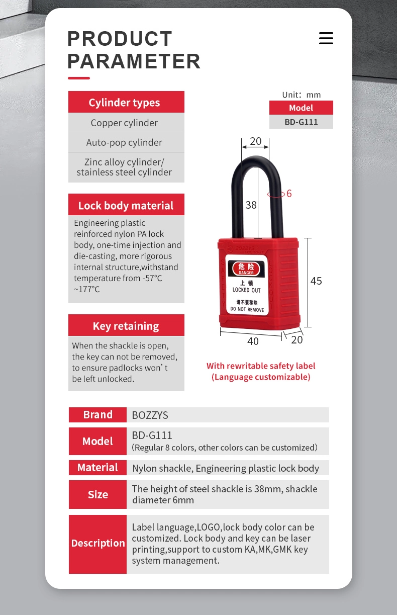 38mm Insulated Nylon Shackle Safety Padlock Lockout Padlock with Master Key