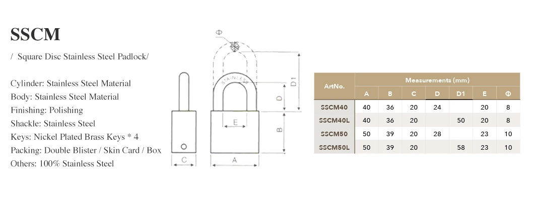 Cheap Stainless Steel 304 Electroplating Square Leaf Key Padlock Waterproof/Brass Padlock/Iron Padlock/Square Padlock