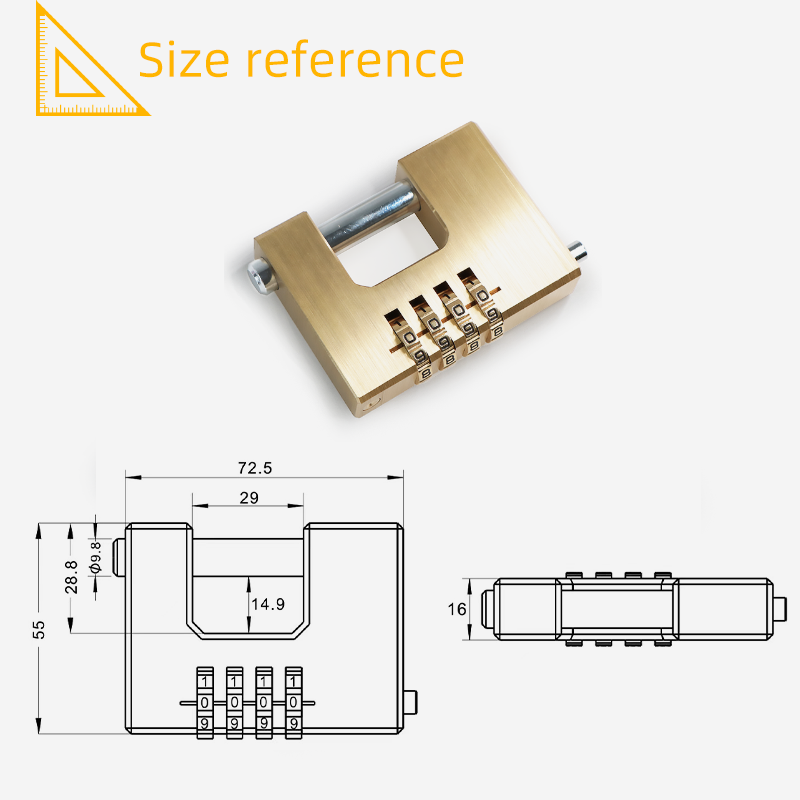 Warehouse Steel Shackle Locking Hardened Shackle Solid 70mm Combination Rectangular Brass Padlock